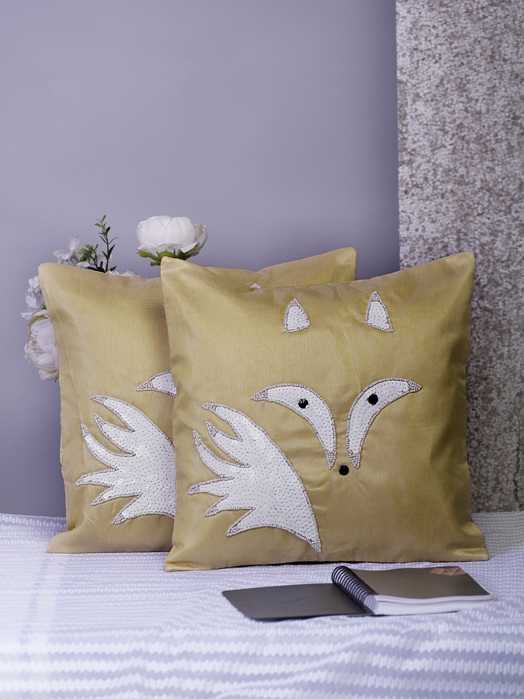 

Alina decor Beige & White Set of 2 Embellished Square Cushion Covers