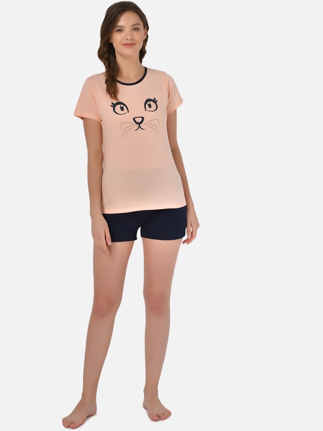 

Klamotten Women Peach-Coloured & Navy Blue Printed Night Suit
