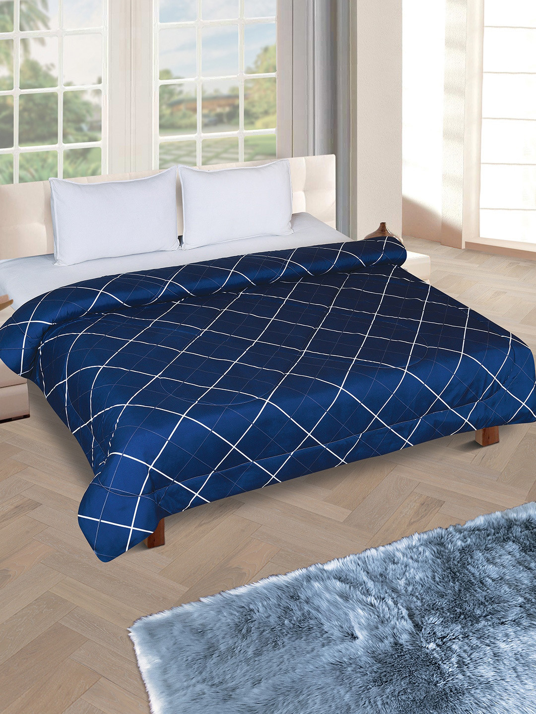 

ROMEE Blue & White Checked AC Room 150 GSM Double Bed Comforter