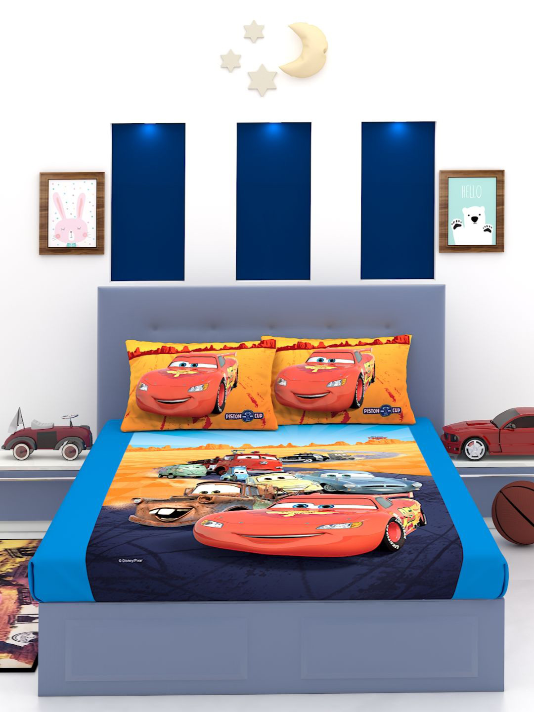 

Disney Blue & Yellow Cartoon Characters 180 TC Cotton 1 King Bedsheet with 2 Pillow Covers