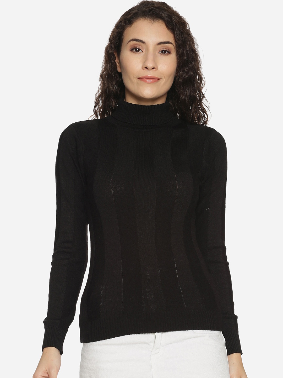 

BEVERLY BLUES Women Black Self Design Pullover Sweater