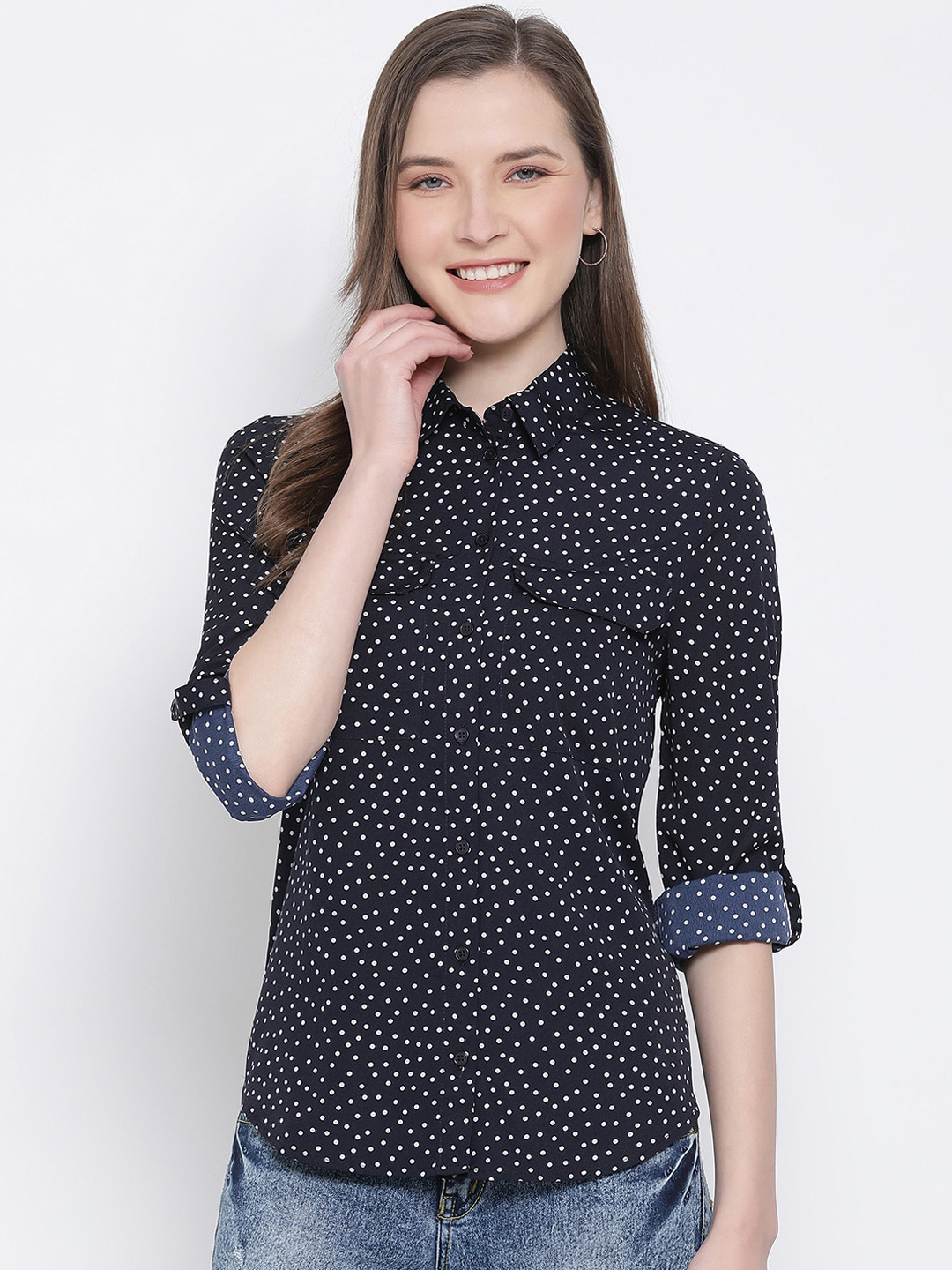 

Oxolloxo Women Navy Blue Regular Fit Polka Print Casual Shirt