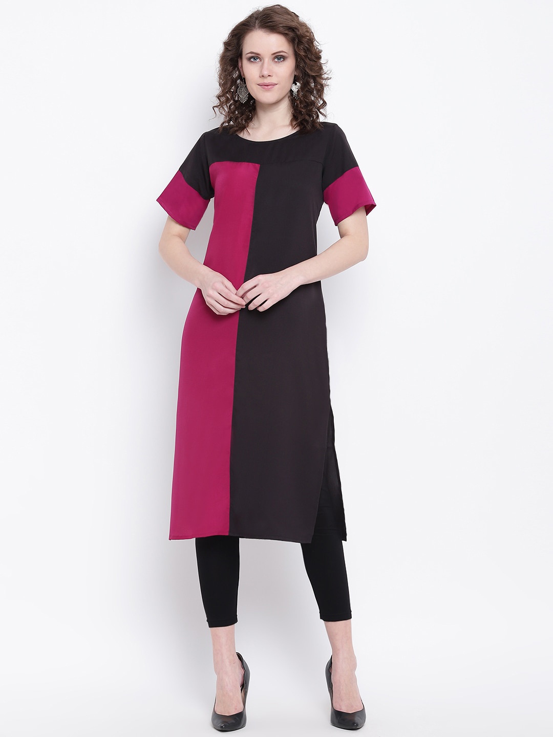 

Napra Women Black & Pink Colourblocked Crepe Kurta