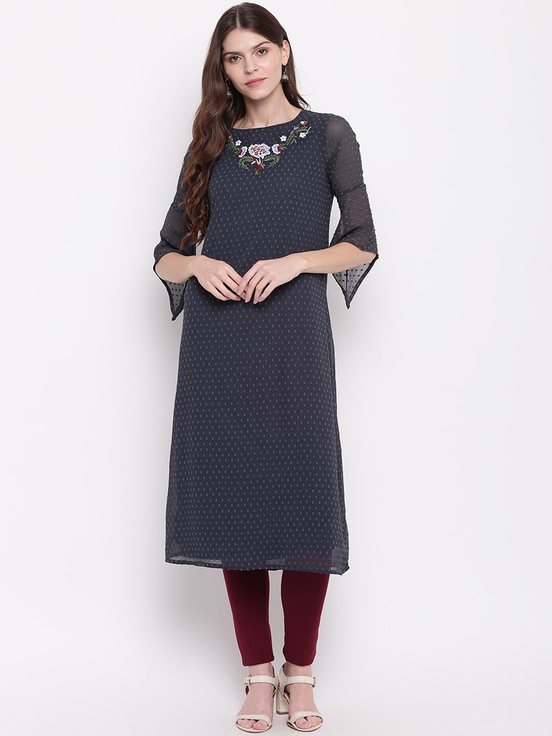 

Napra Women Charcoal Floral Embroidered Flared Sleeves Thread Work Georgette Kurta