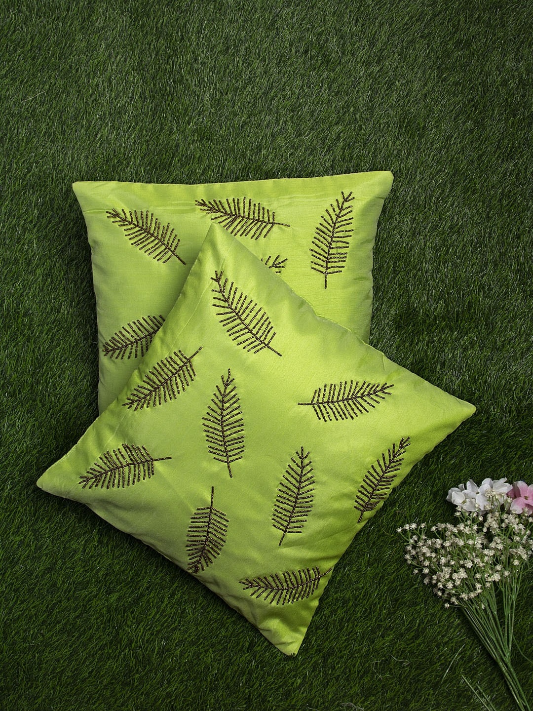 

Alina decor Set Of 2 Lime Green & Gunmetal-Toned Embellished Square Cushion Covers