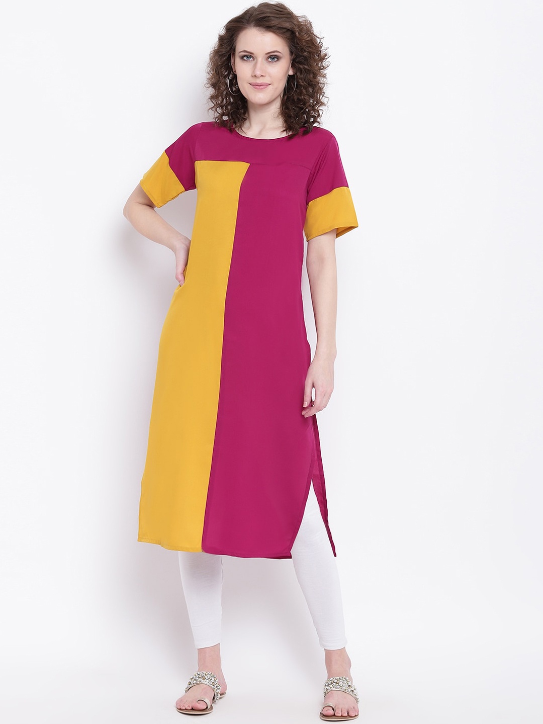 

Napra Women Yellow & Magenta Colourblocked Crepe Kurta