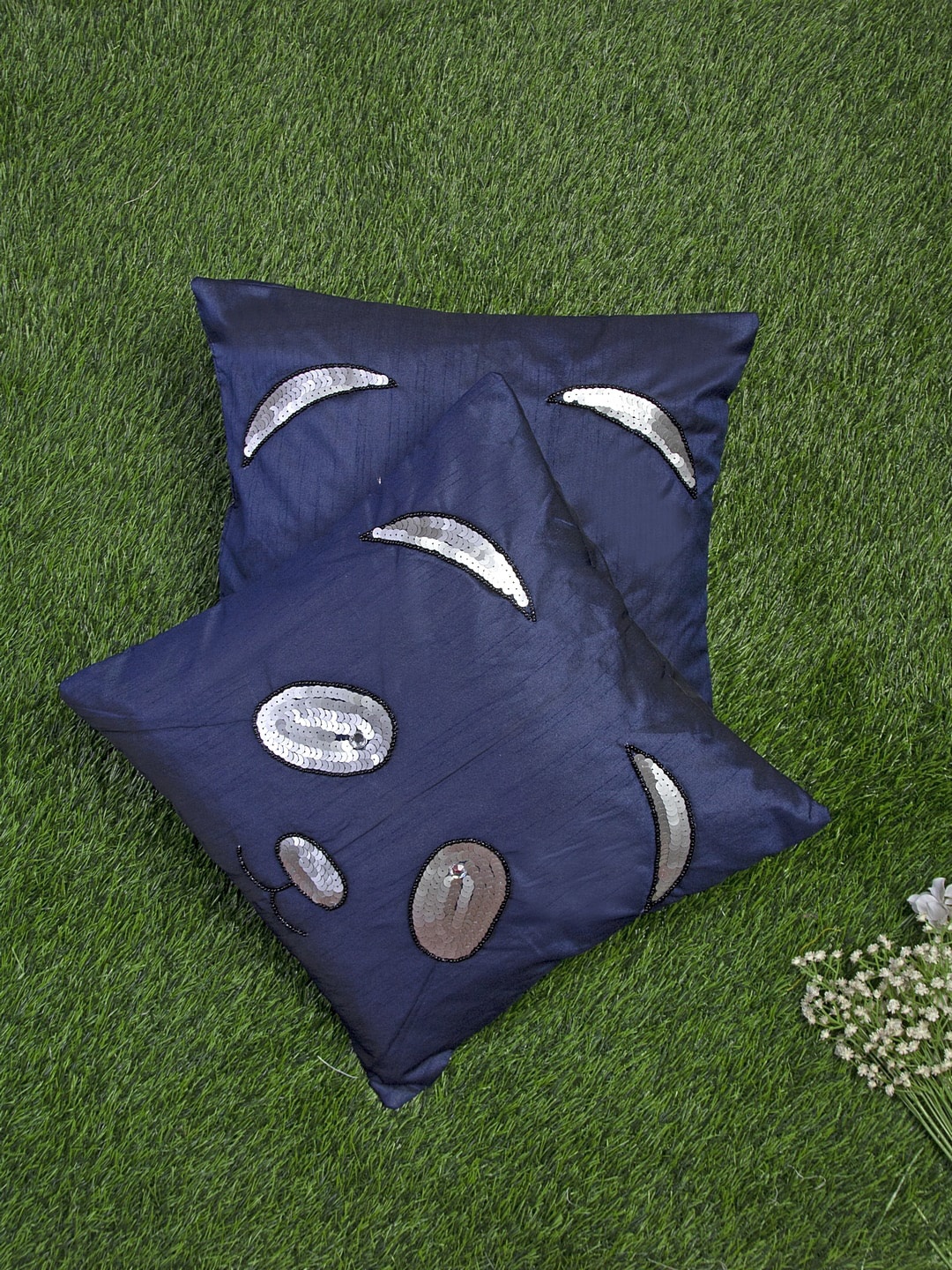 Alina decor Set Of 2 Blue & Silver-Toned Embellished Square Cushion Covers