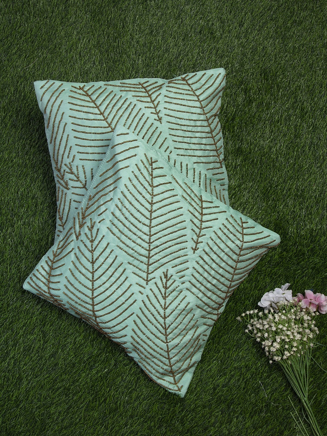 

Alina decor Sea Green Set of 2 Embellished Square Cushion Covers