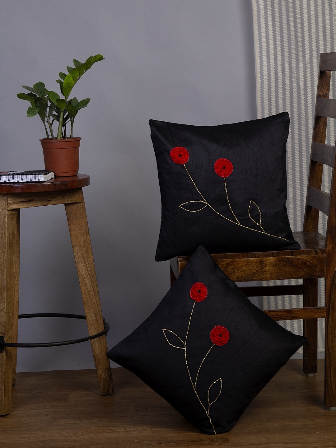 

Alina decor Set Of 2 Black & Red Embellished Square Cushion Covers