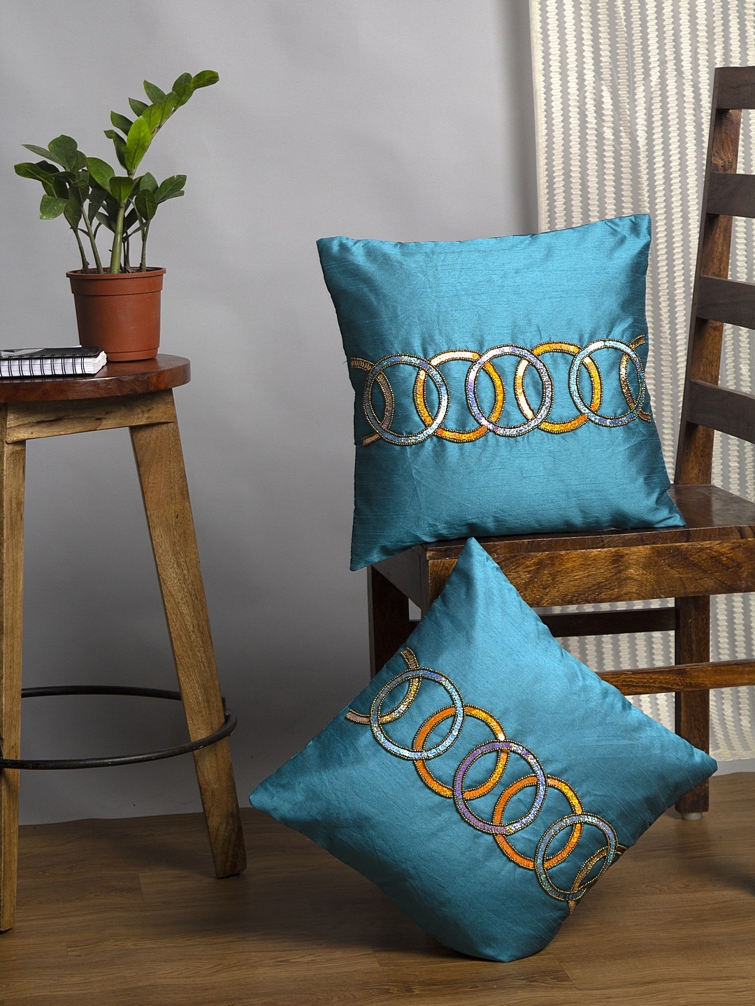 

Alina decor Teal & Yellow Set of 2 Embellished Square Cushion Covers