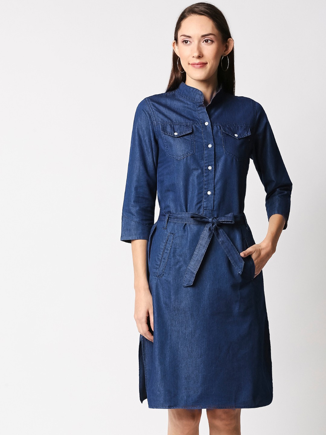 

High Star Women Blue Solid Shirt Dress