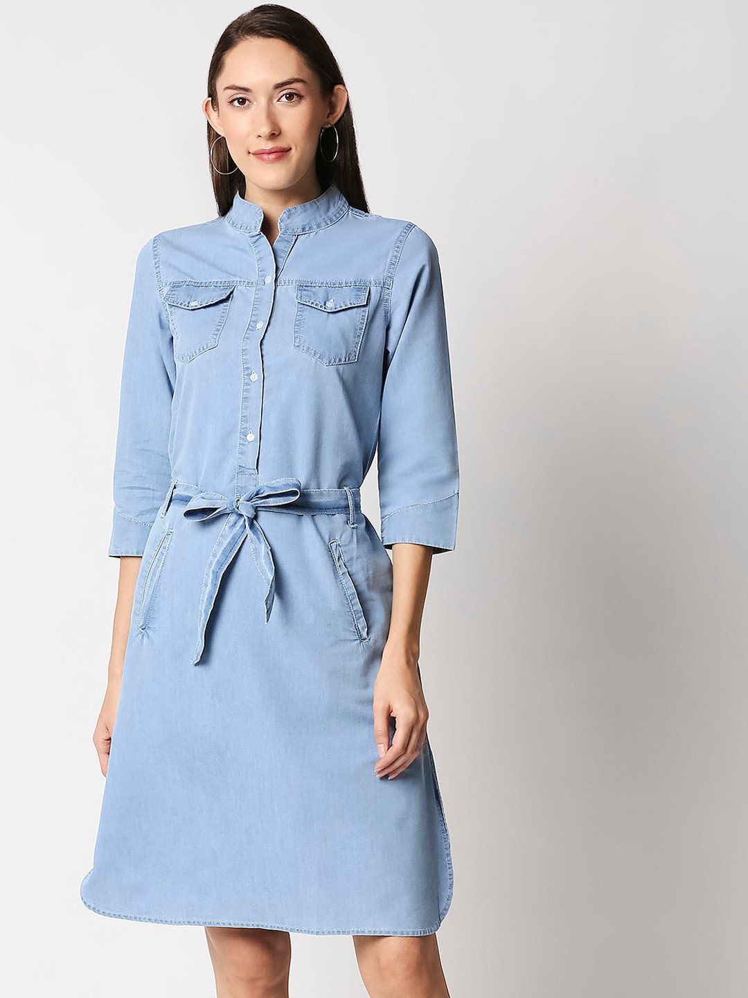 

High Star Women Blue Solid Shirt Dress