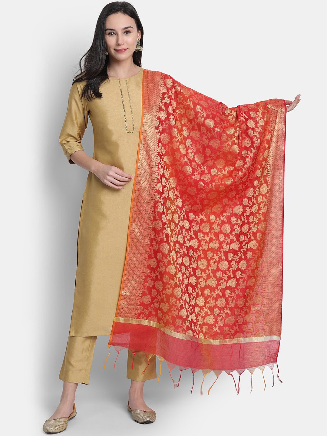 

Janasya Women Gold-Toned & Red Solid Kurta with Trousers & Dupatta