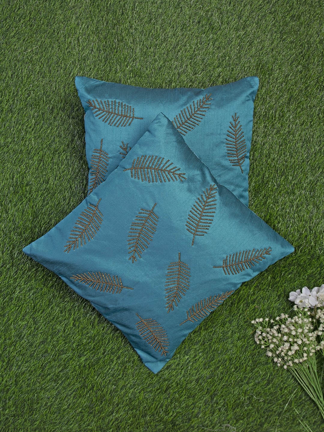 

Alina decor Teal & Tan Set of 2 Embellished Square Cushion Covers
