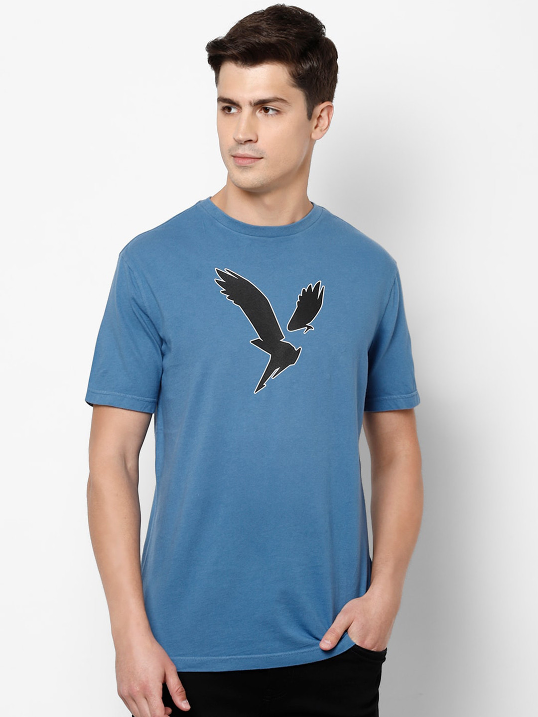 

AMERICAN EAGLE OUTFITTERS Men Blue Printed Round Neck Pure Cotton T-shirt