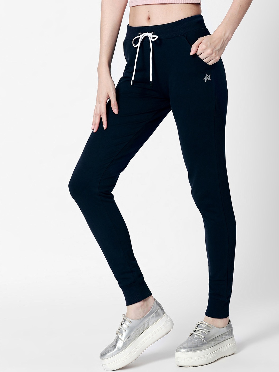 

Zeyo Women Navy Blue & White Solid Slim-Fit Joggers