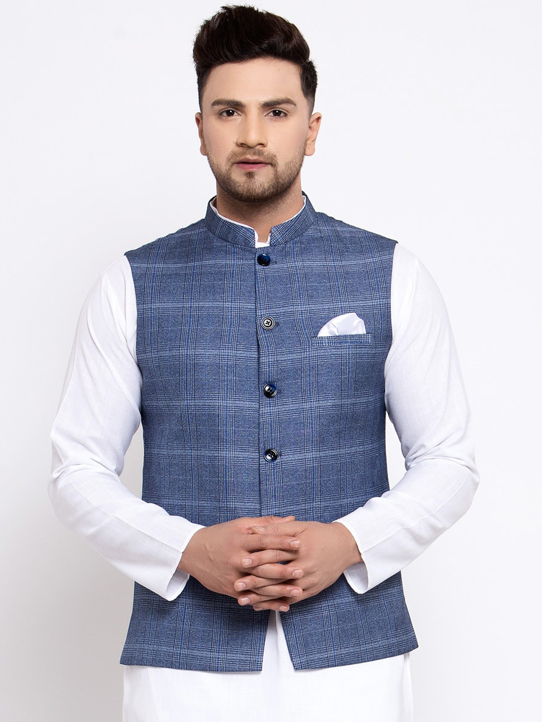 

MAXENCE Men Blue Checked Nehru Jacket