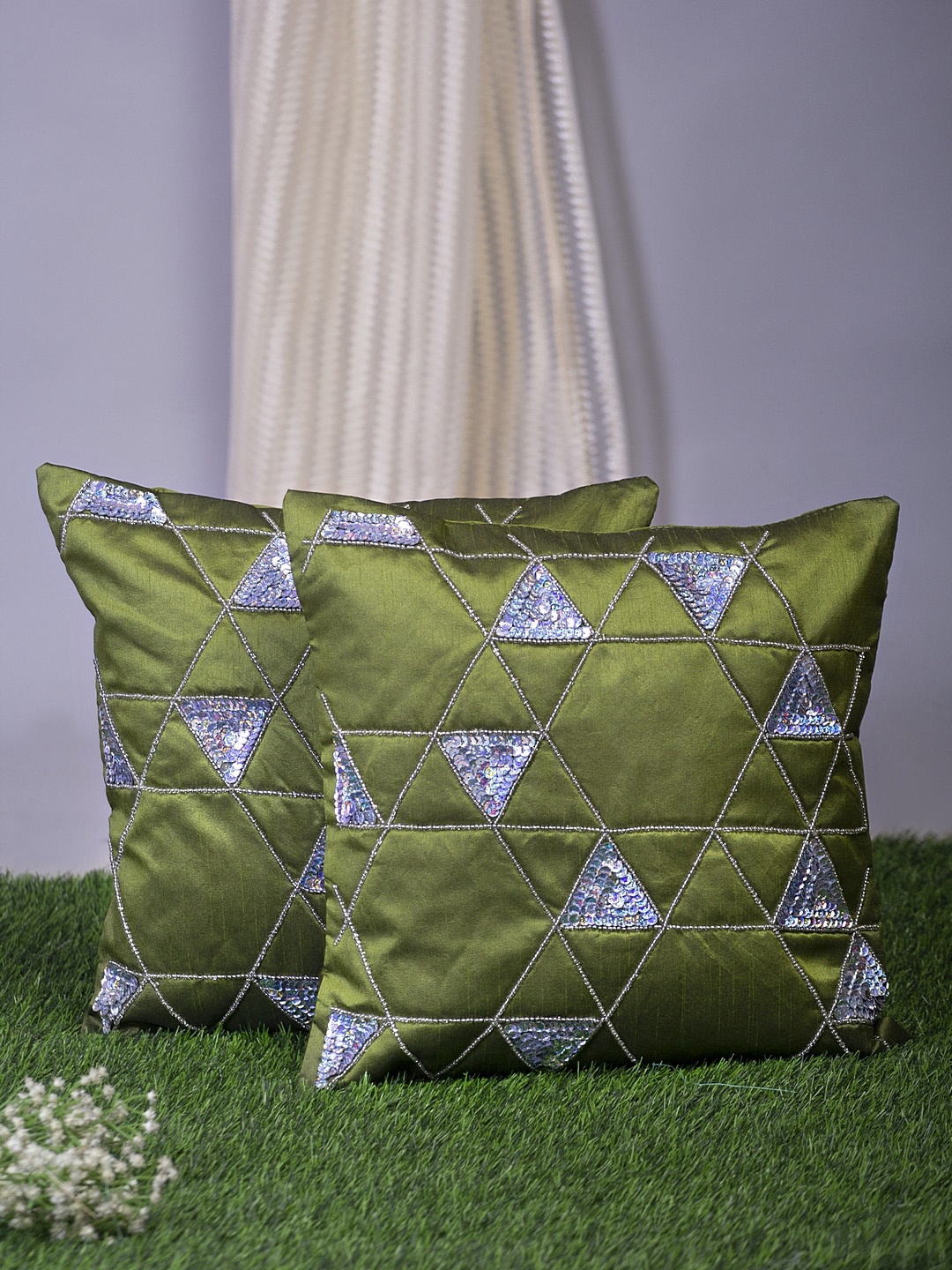 

Alina decor Green & Silver-Toned Set of 2 Embellished Square Cushion Covers