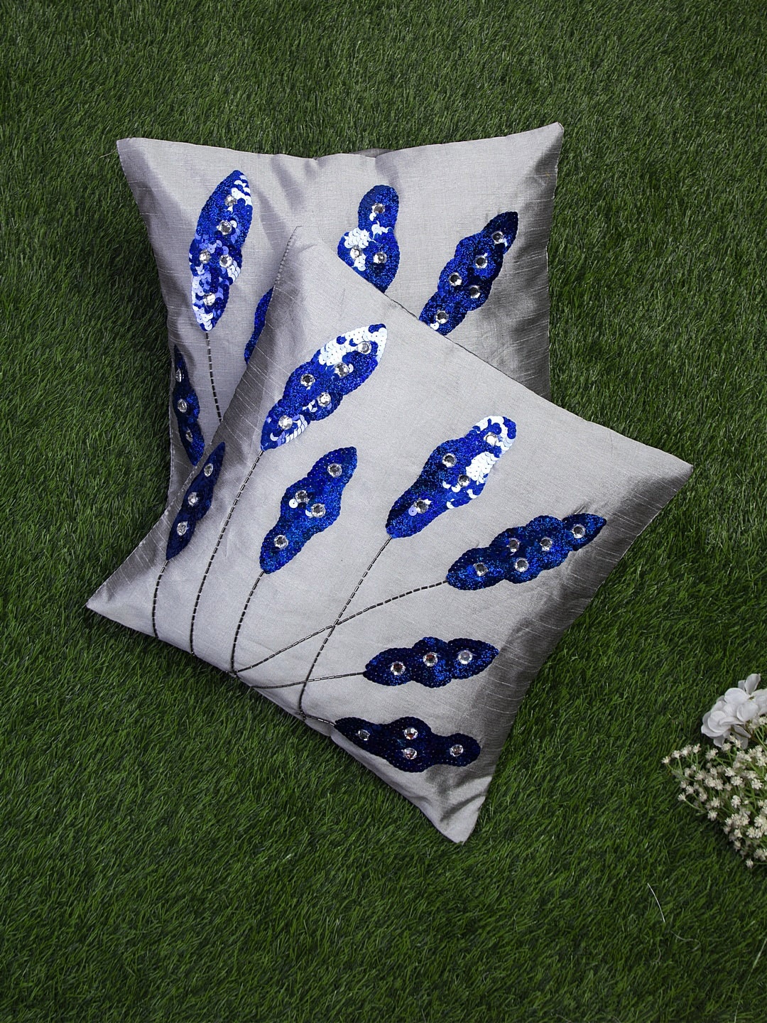 

Alina decor Grey & Blue Set of 2 Embellished Square Cushion Covers