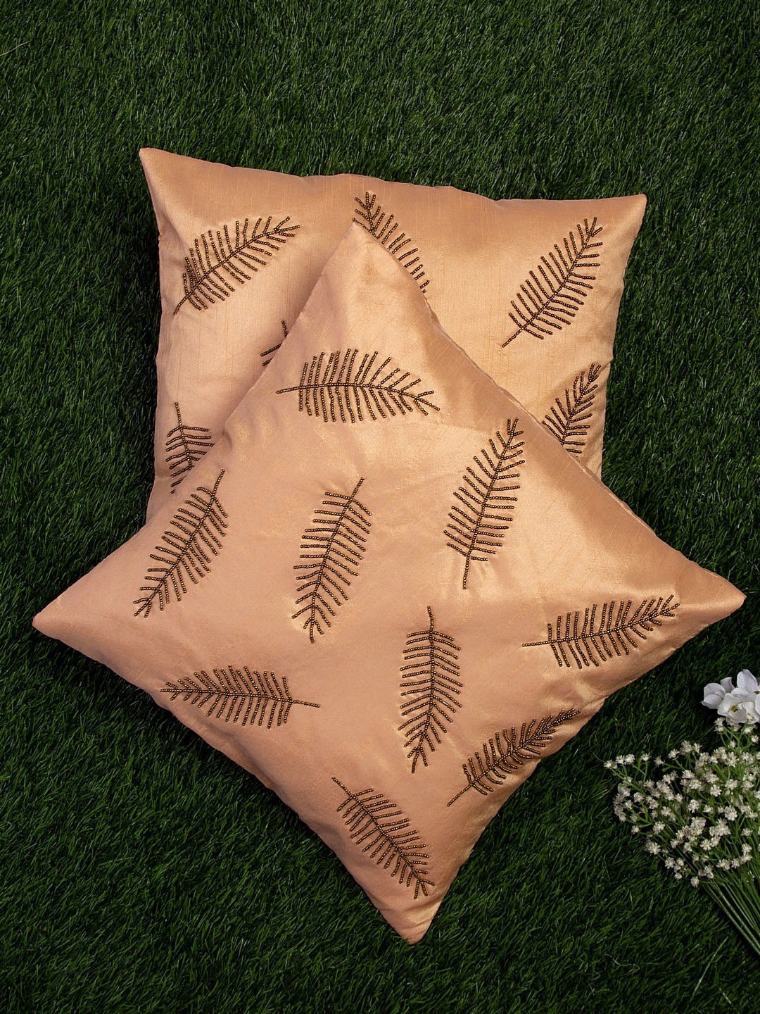 

Alina decor Peach-Coloured & Brown Set of 2 Embellished Square Cushion Covers