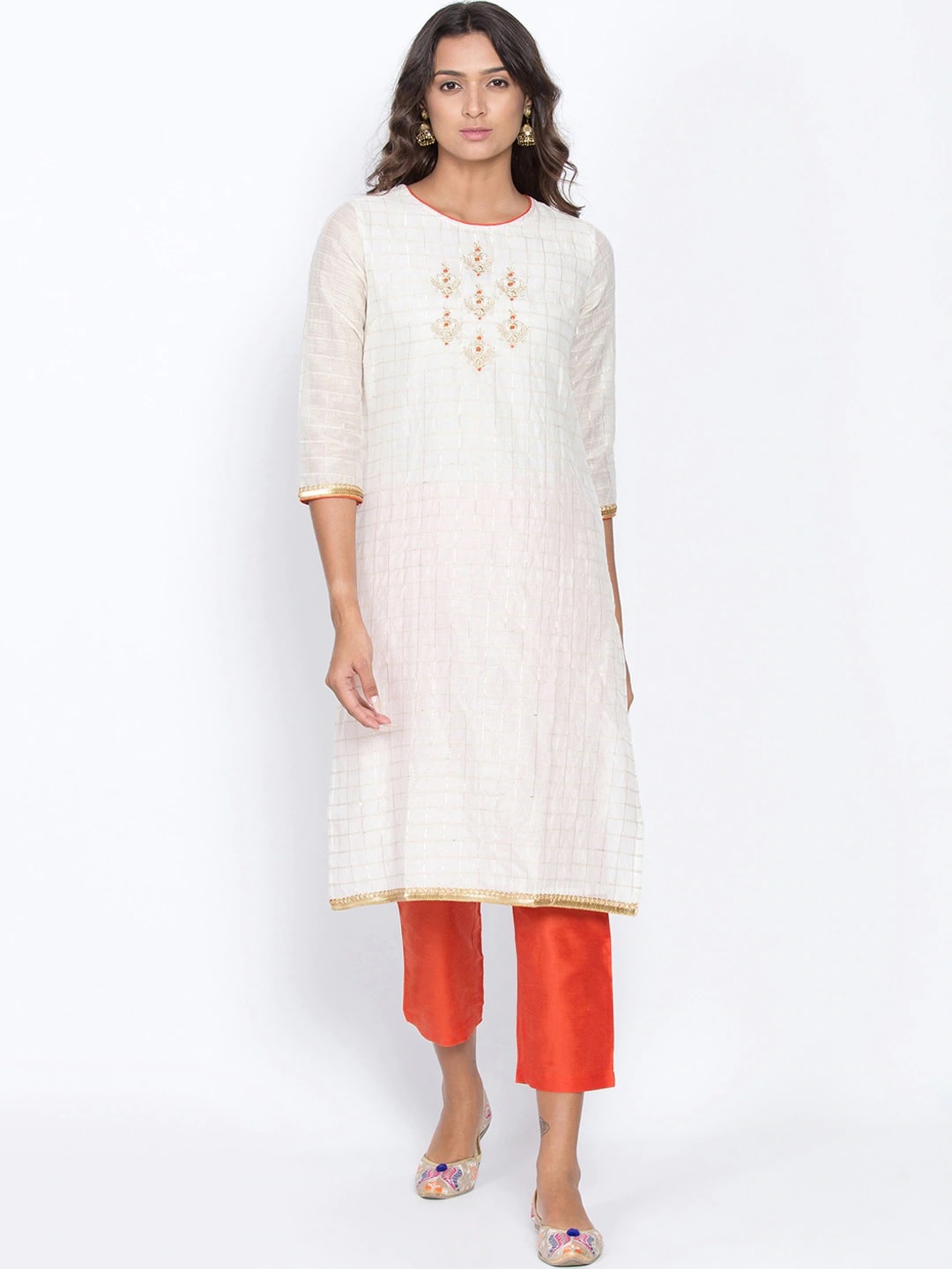 Be Indi Women White & Orange Checked Kurta with Trousers