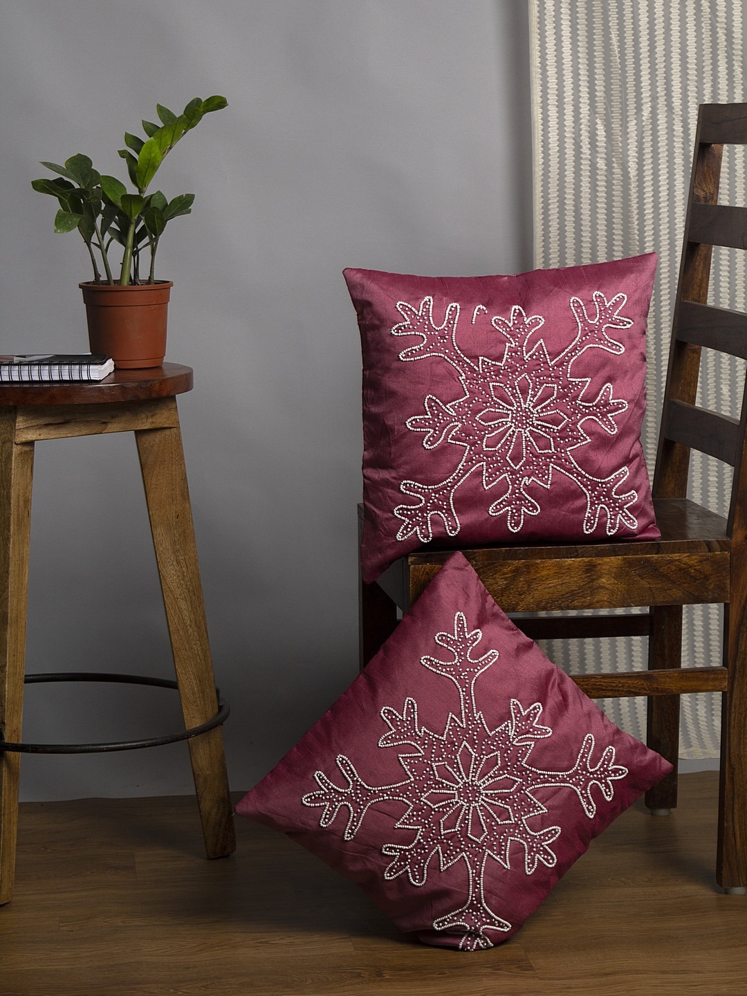 Alina decor Pink & White Set of 2 Embellished Square Cushion Covers