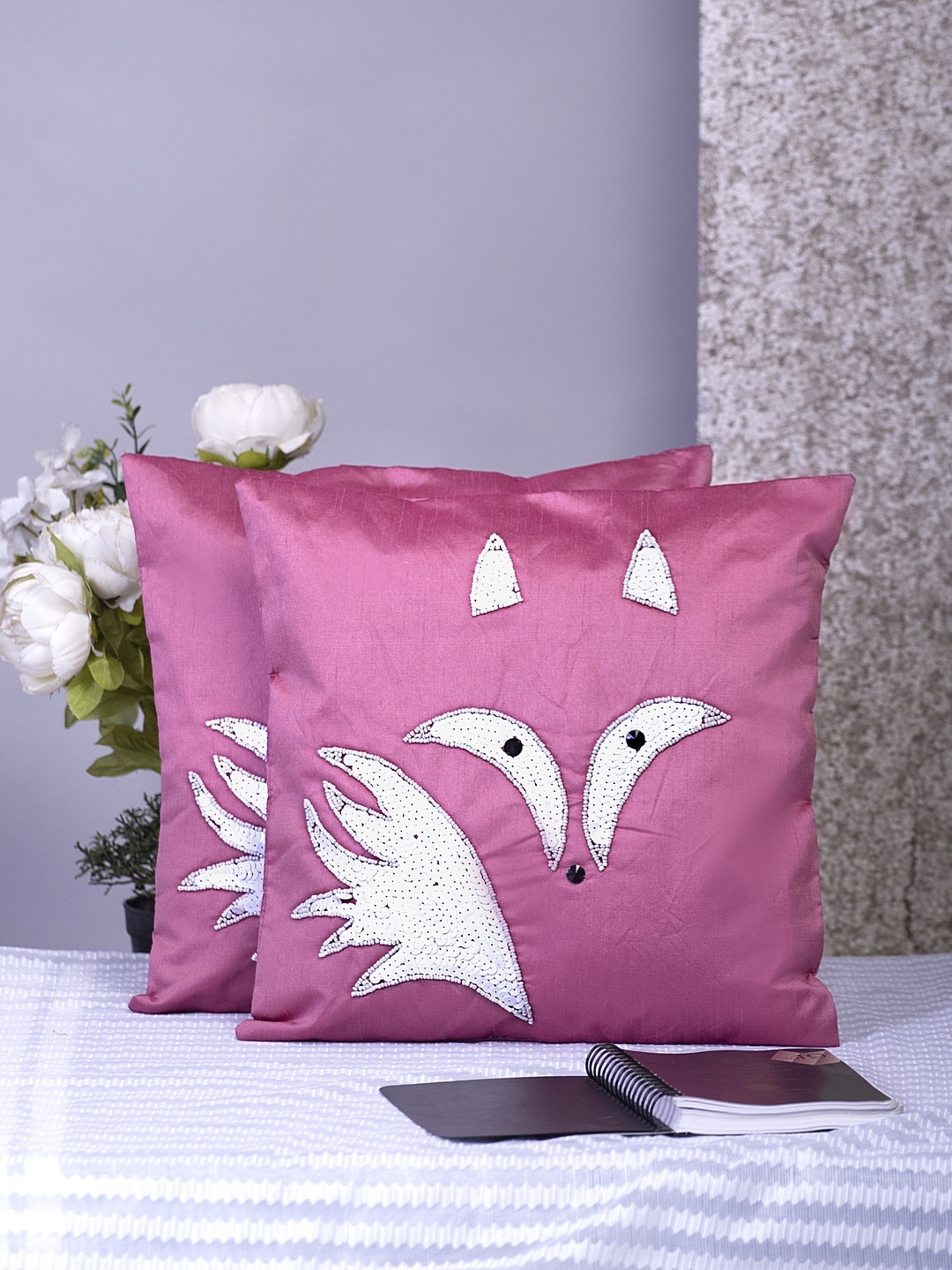 

Alina decor Pink & White Set of 2 Embellished Square Cushion Covers
