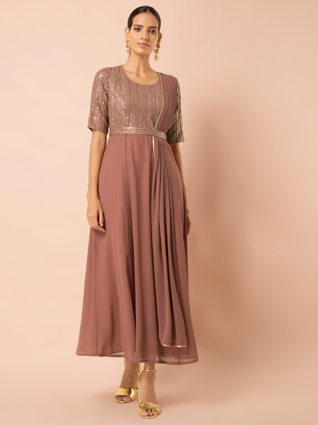 

INDYA Rose Pink Embroidered Maxi Tunic with Attached Belt, Nude