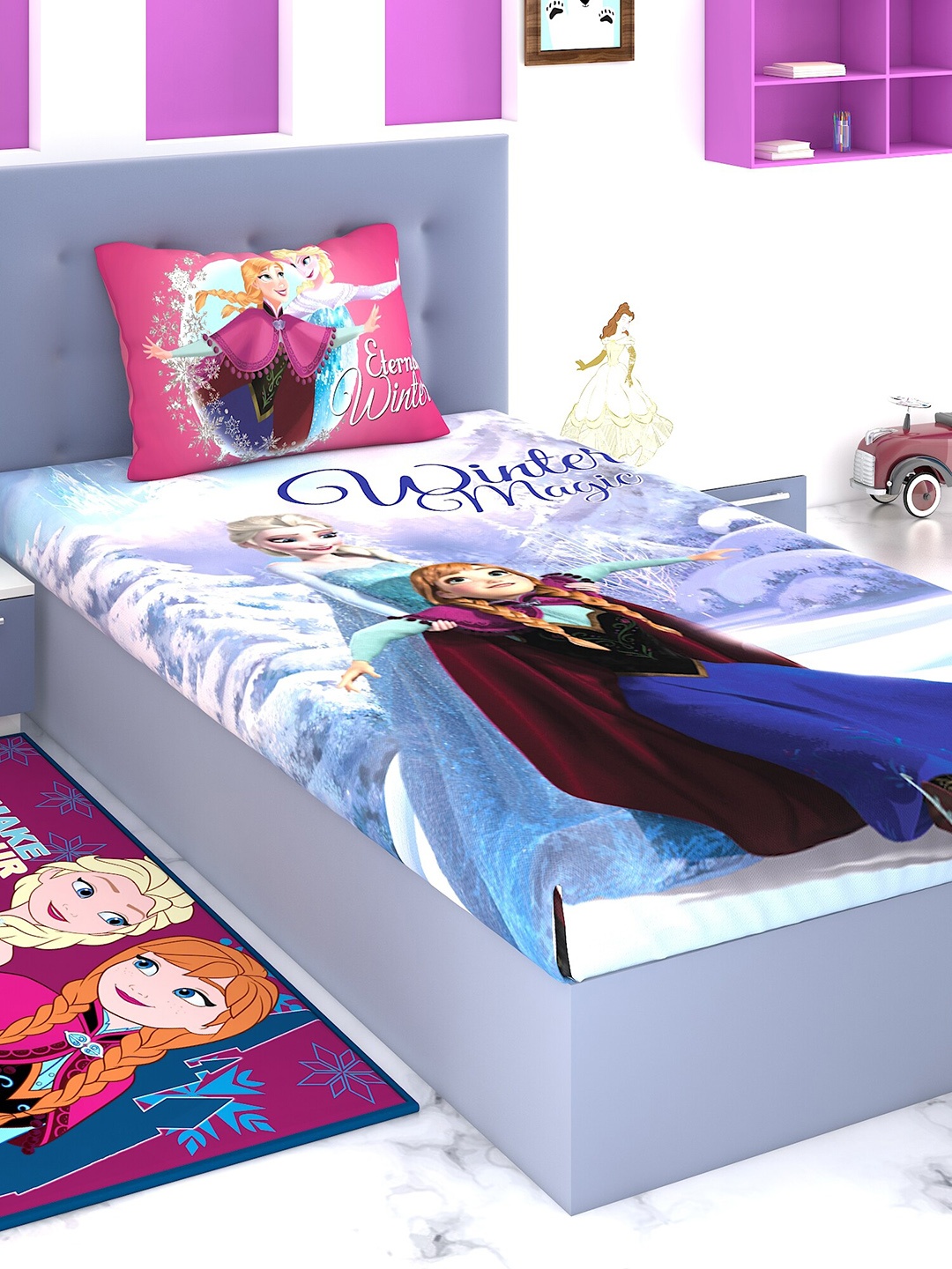 

Disney Blue & Maroon Frozen Printed 180 TC Cotton 1 Single Bedsheet with 1 Pillow Covers