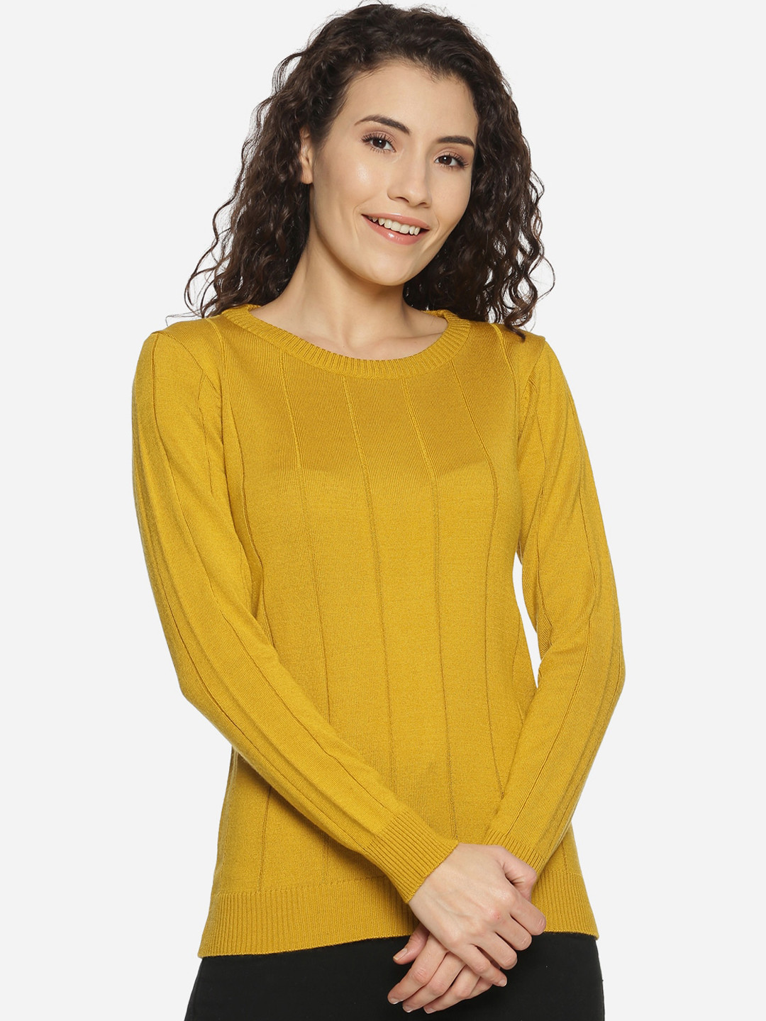 

BEVERLY BLUES Women Mustard Yellow Striped Pullover Sweater