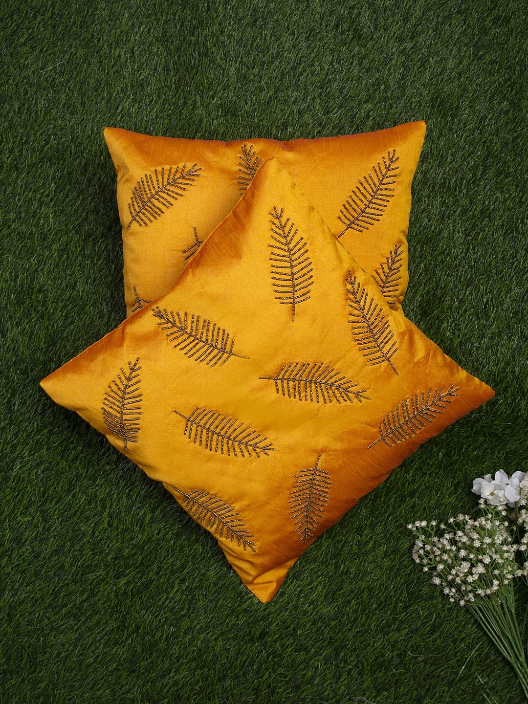 

Alina decor Yellow & Gunmetal-Toned Set of 2 Embellished Square Cushion Covers