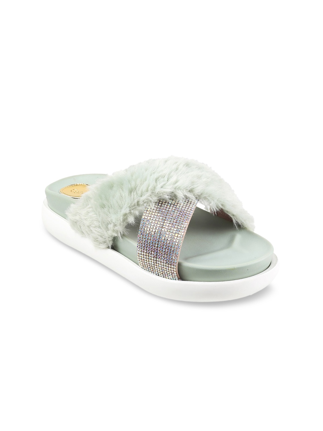 

Catwalk Women Green & Silver-Toned Embellished Faux Fur Open Toe Flats