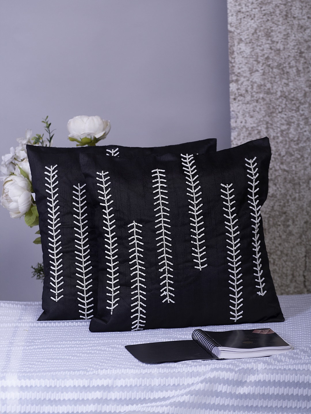 

Alina decor Set Of 2 Black & White Embellished Square Cushion Covers