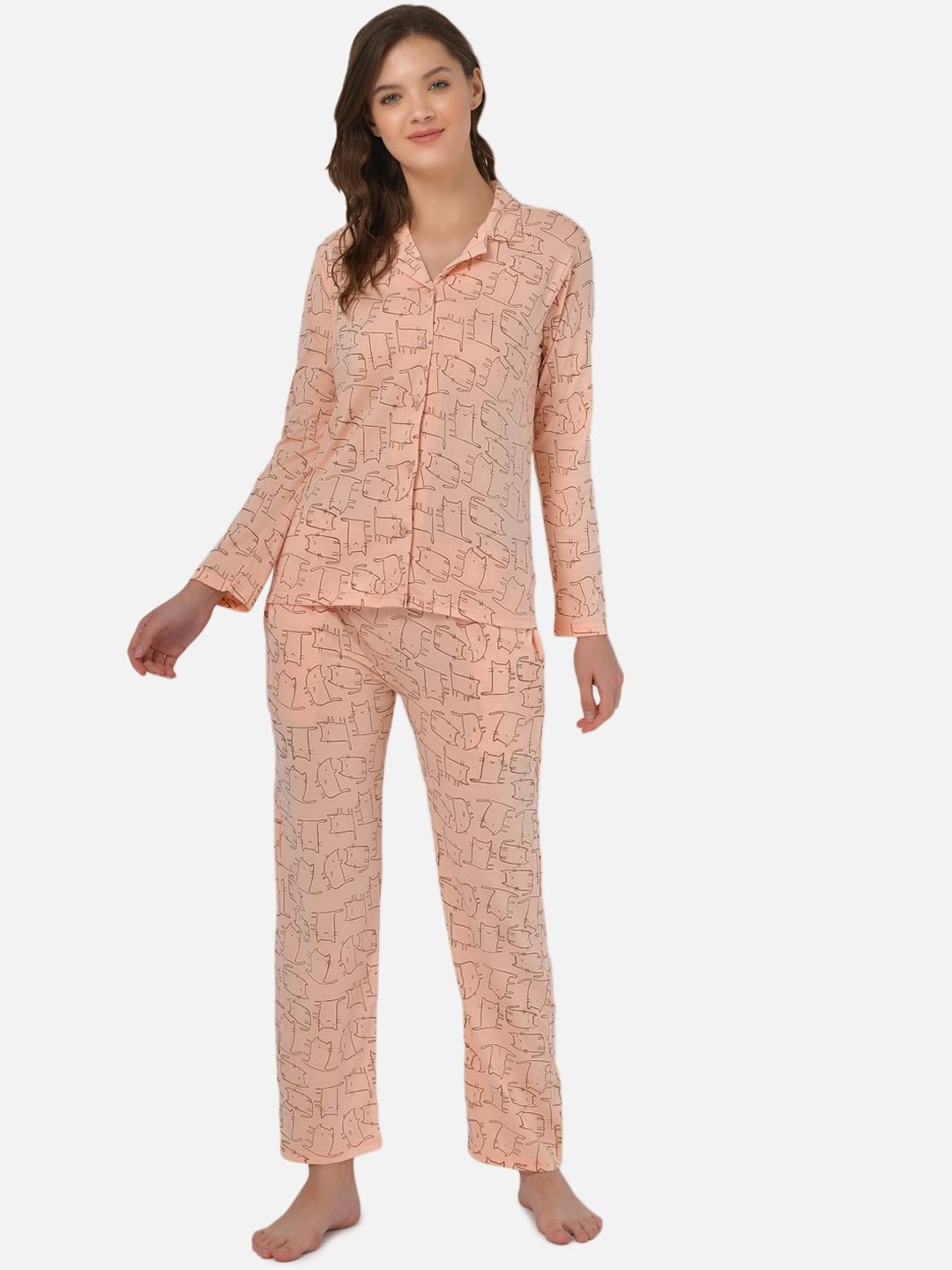 

Klamotten Women Peach-Coloured & Brown Printed Night suit