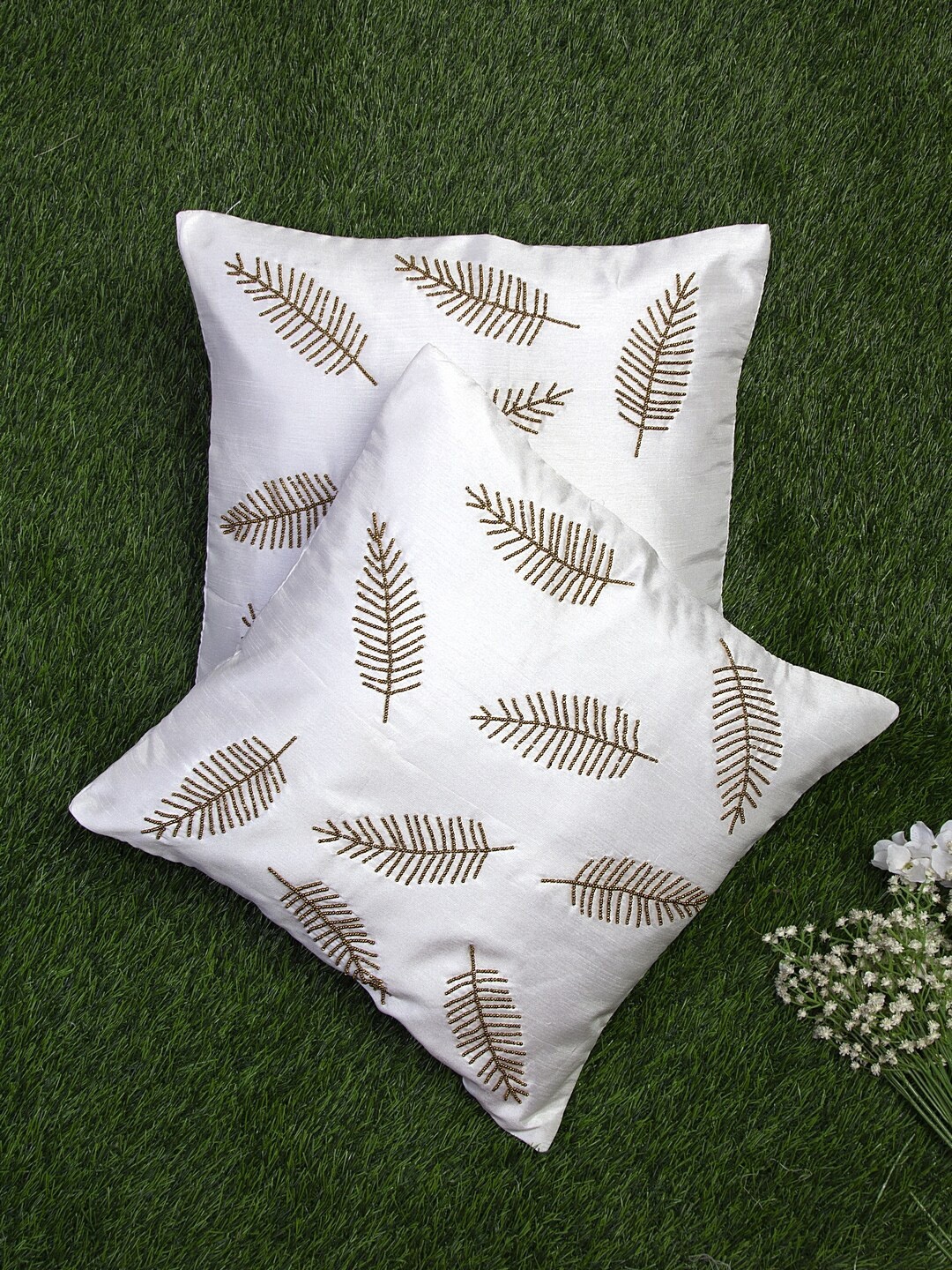 

Alina decor White & Tan Set of 2 Embellished Square Cushion Covers