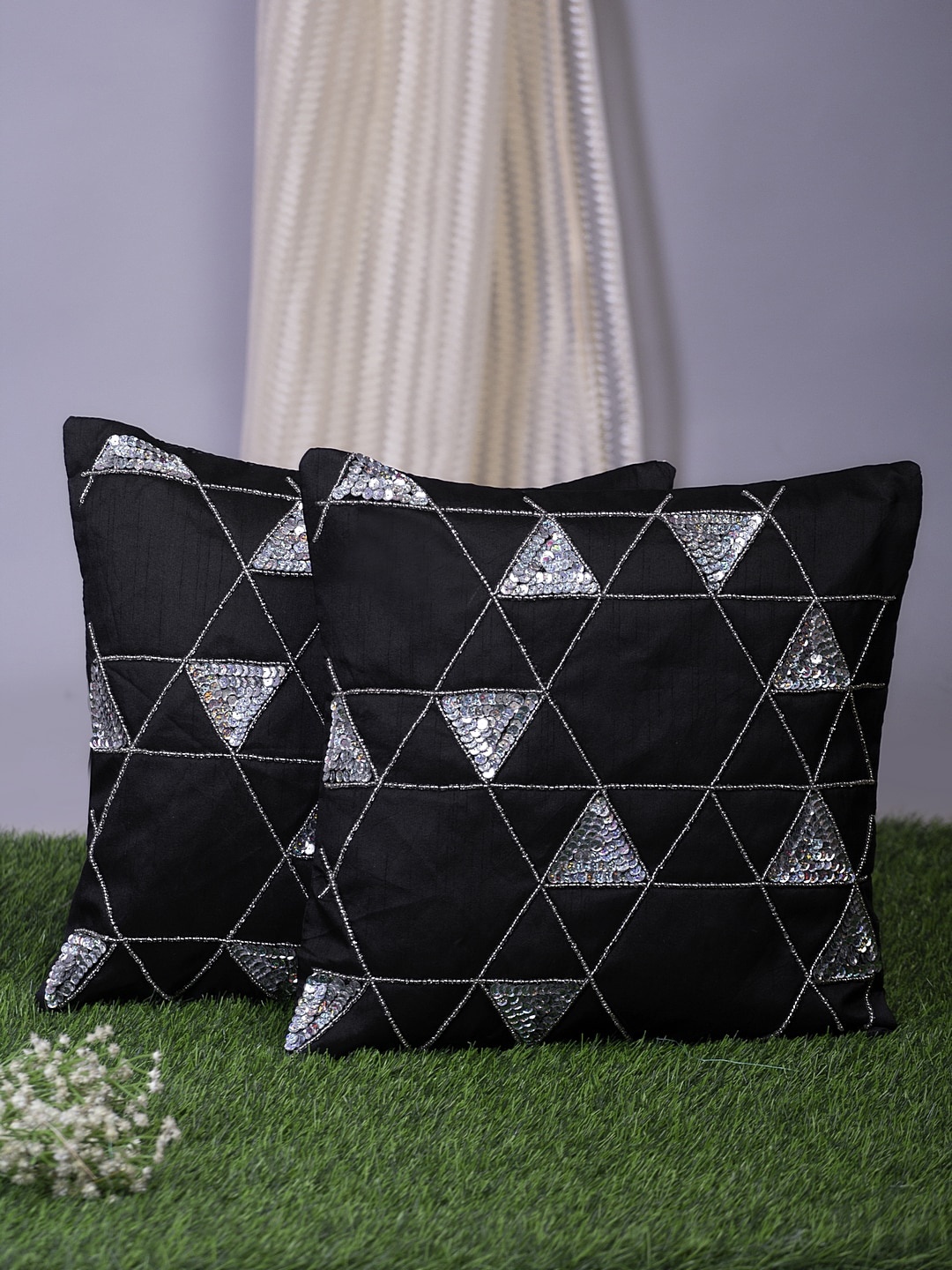 

Alina decor Set Of 2 Black & Grey Embellished Square Cushion Covers