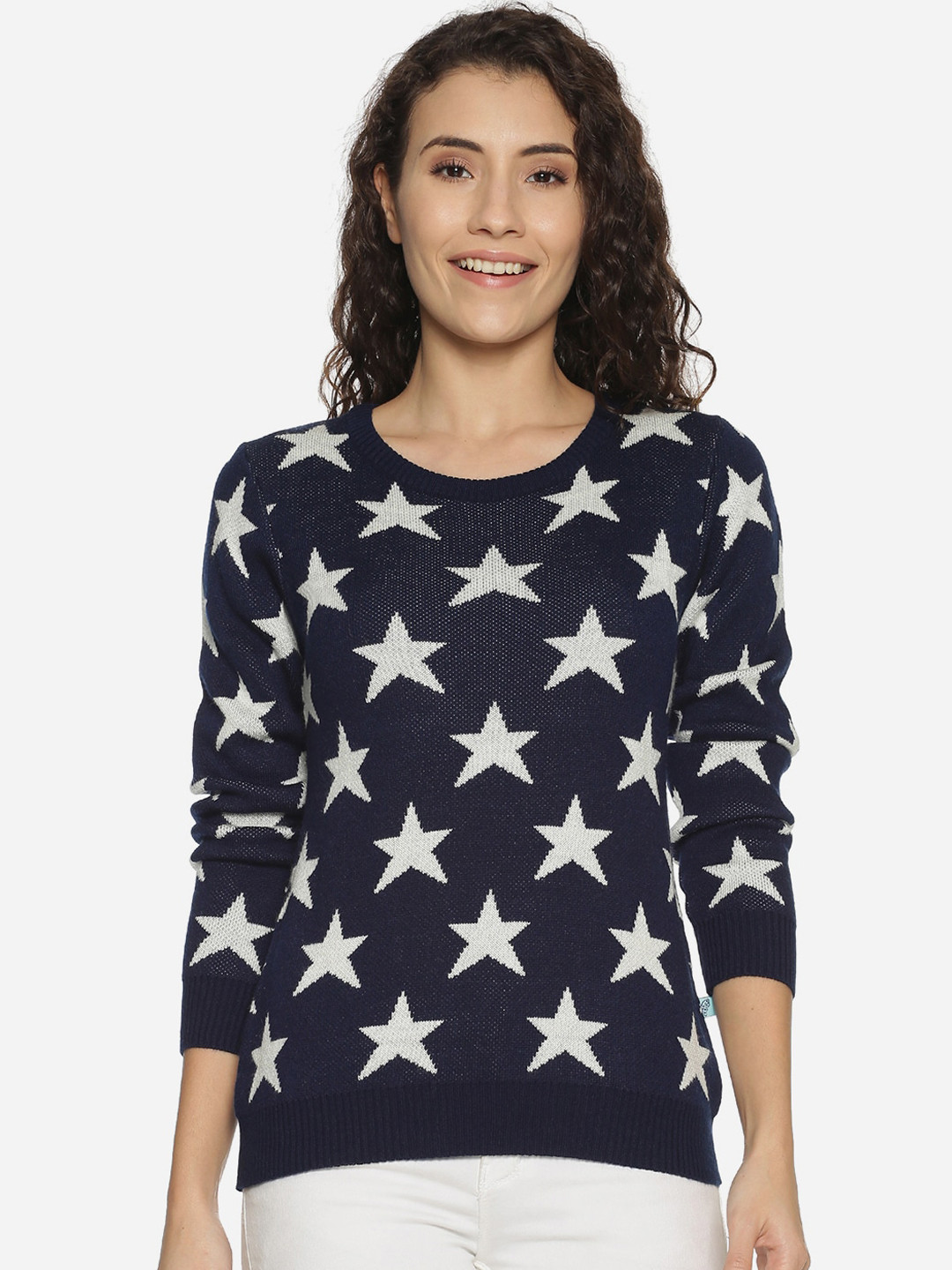 

BEVERLY BLUES Women Navy Blue Self Design Pullover Sweater