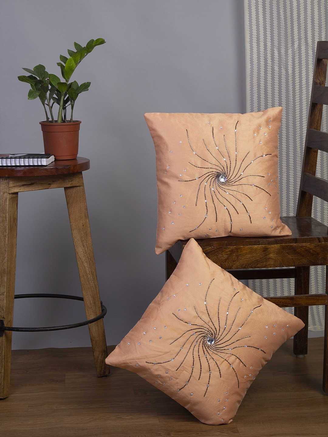 

Alina decor Peach-Coloured Set of 2 Embellished Square Cushion Covers