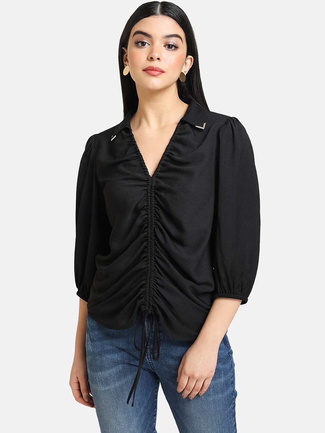 

Kazo Black Puff Sleeves Shirt Style Top