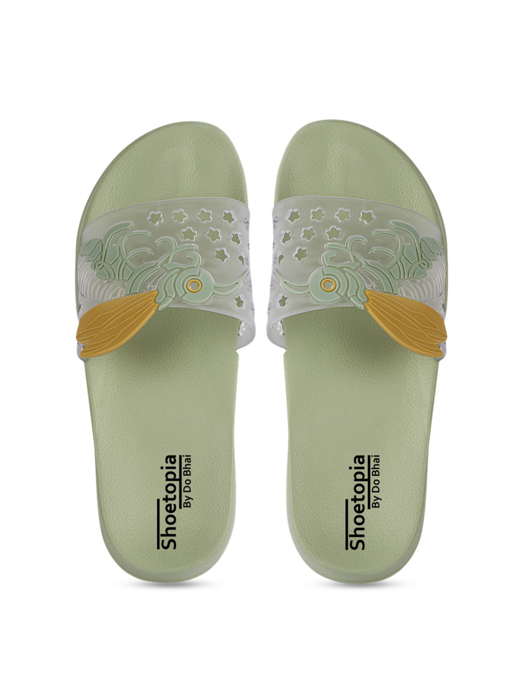 

Shoetopia Women Transparent & Green Self Design Sliders