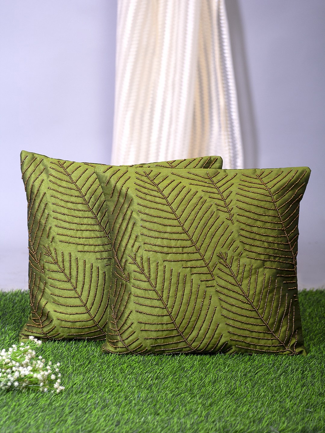 

Alina decor Green Set of 2 Embellished Square Cushion Covers