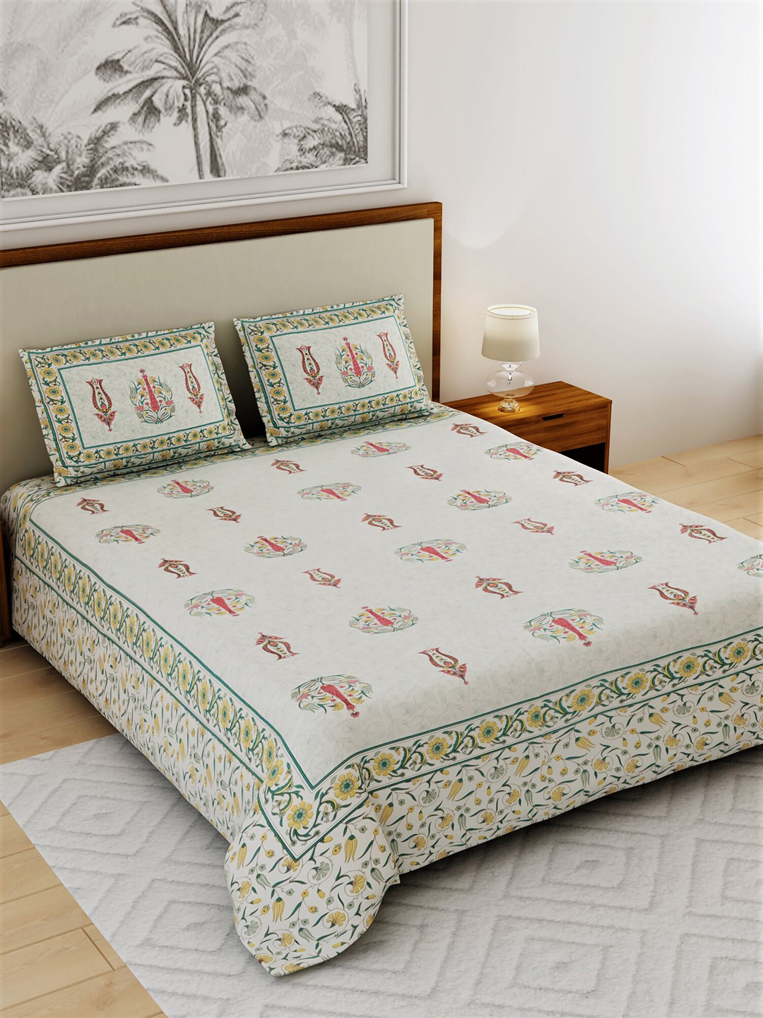 

Salona Bichona Cream-Coloured & Pink Ethnic Motifs 120 TC Cotton 1 Queen Bedsheet with 2 Pillow Covers