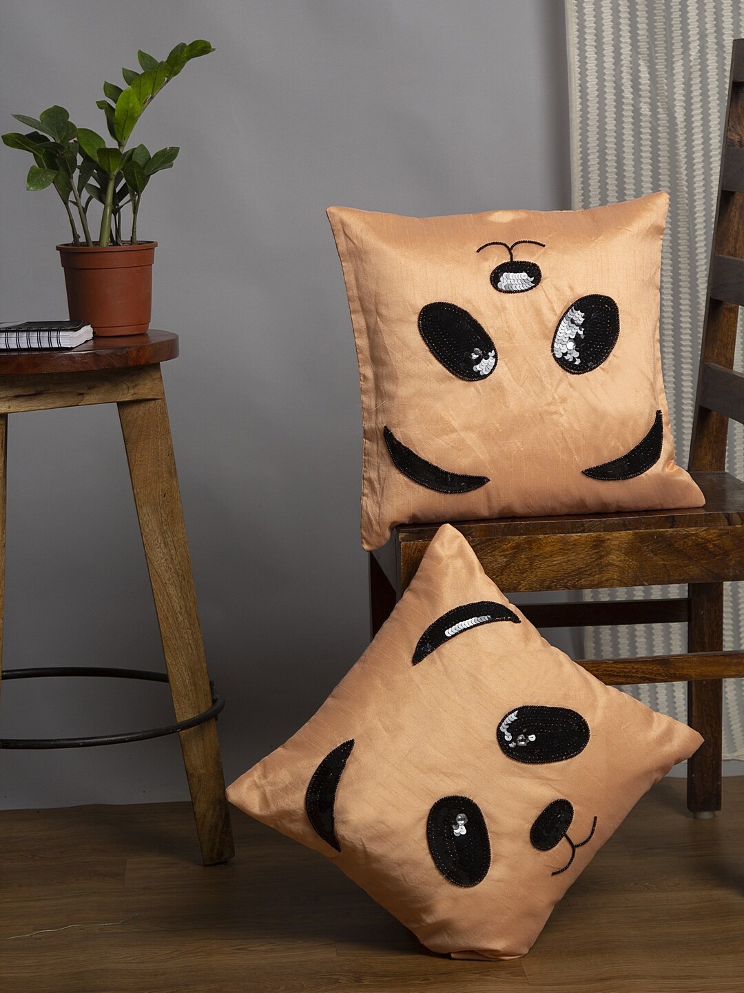 

Alina decor Beige & Black Set of 2 Embellished Square Cushion Covers