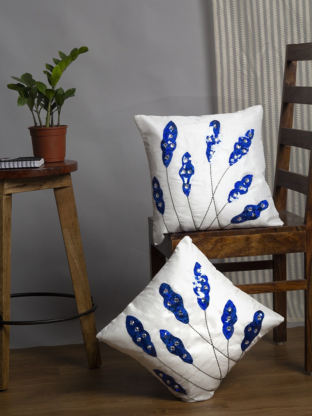 

Alina decor White & Blue Set of 2 Embellished Square Cushion Covers