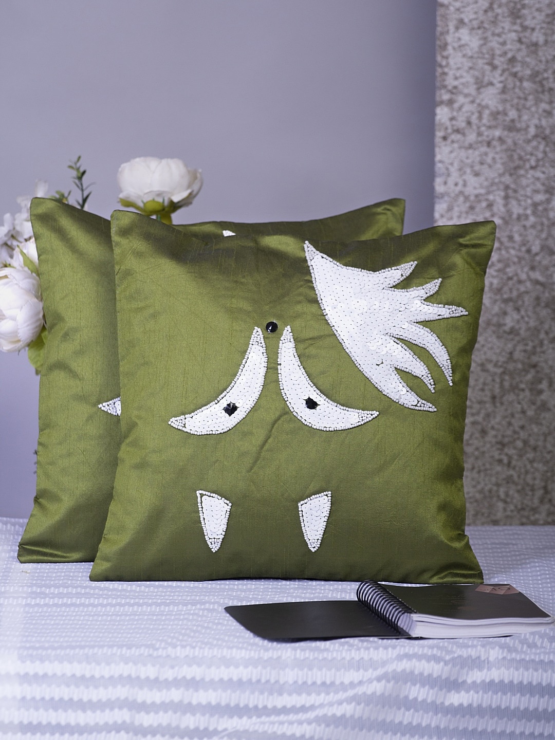 Alina decor Green & Silver-Toned Set of 2 Embellished Square Cushion Covers