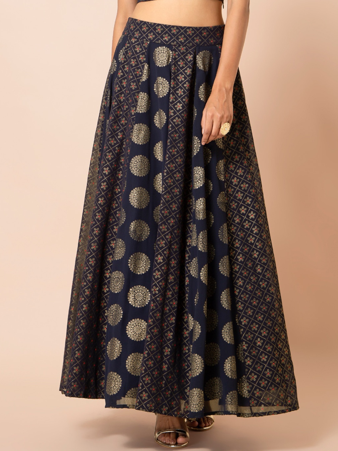 

INDYA Navy Blue & Gold-Coloured Foil Printed Flared Maxi Skirt