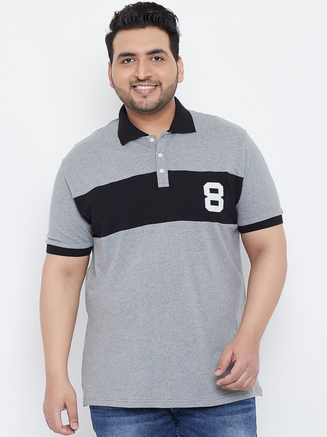 

bigbanana Men Grey Black Colourblocked Polo Collar Pure Cotton T-shirt