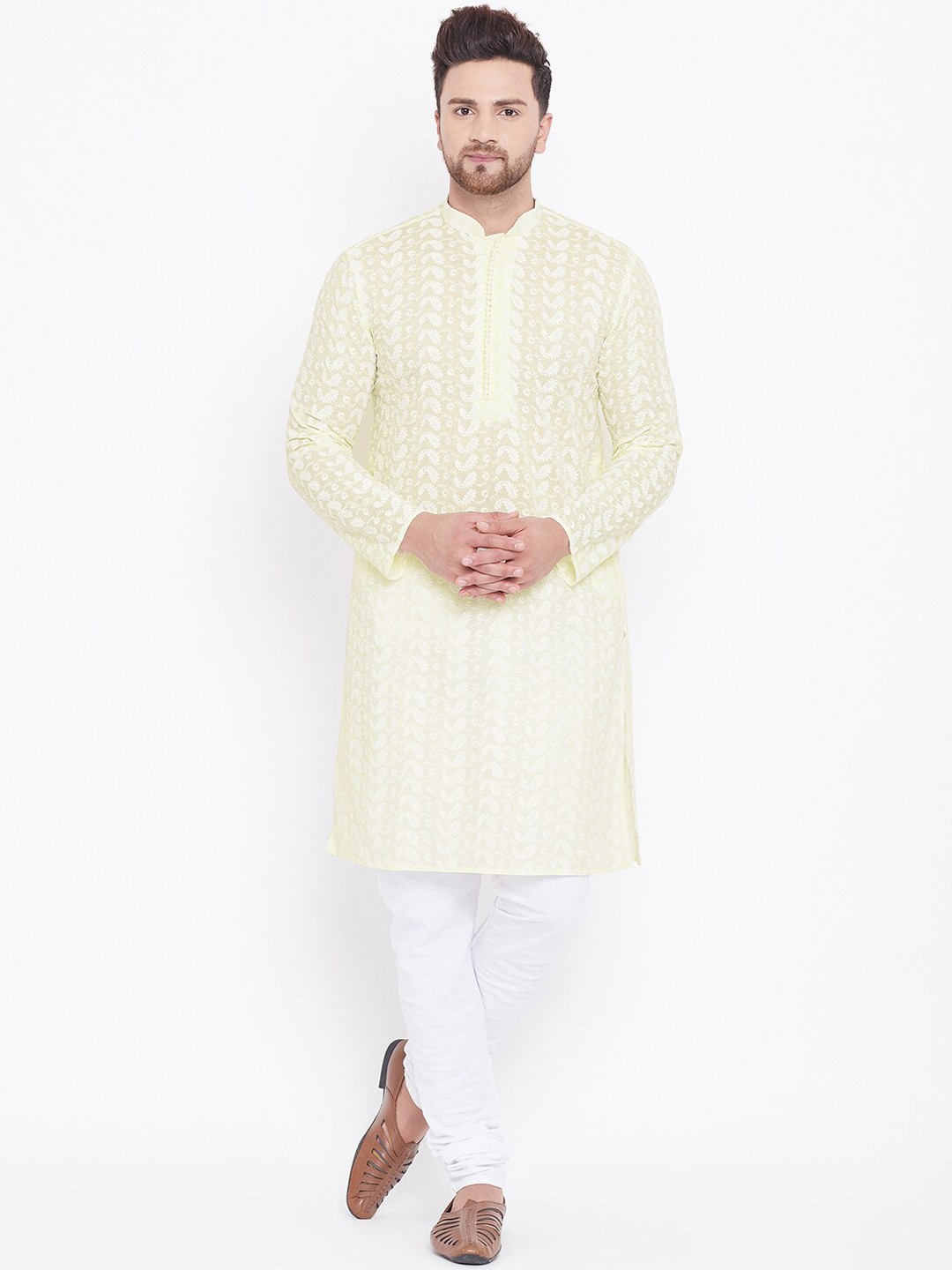 

VASTRAMAY Men Yellow & White Self Design Kurta with Churidar