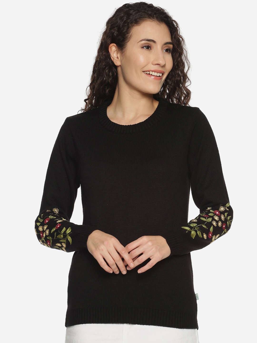 

BEVERLY BLUES Women Black Self Design Pullover Sweater