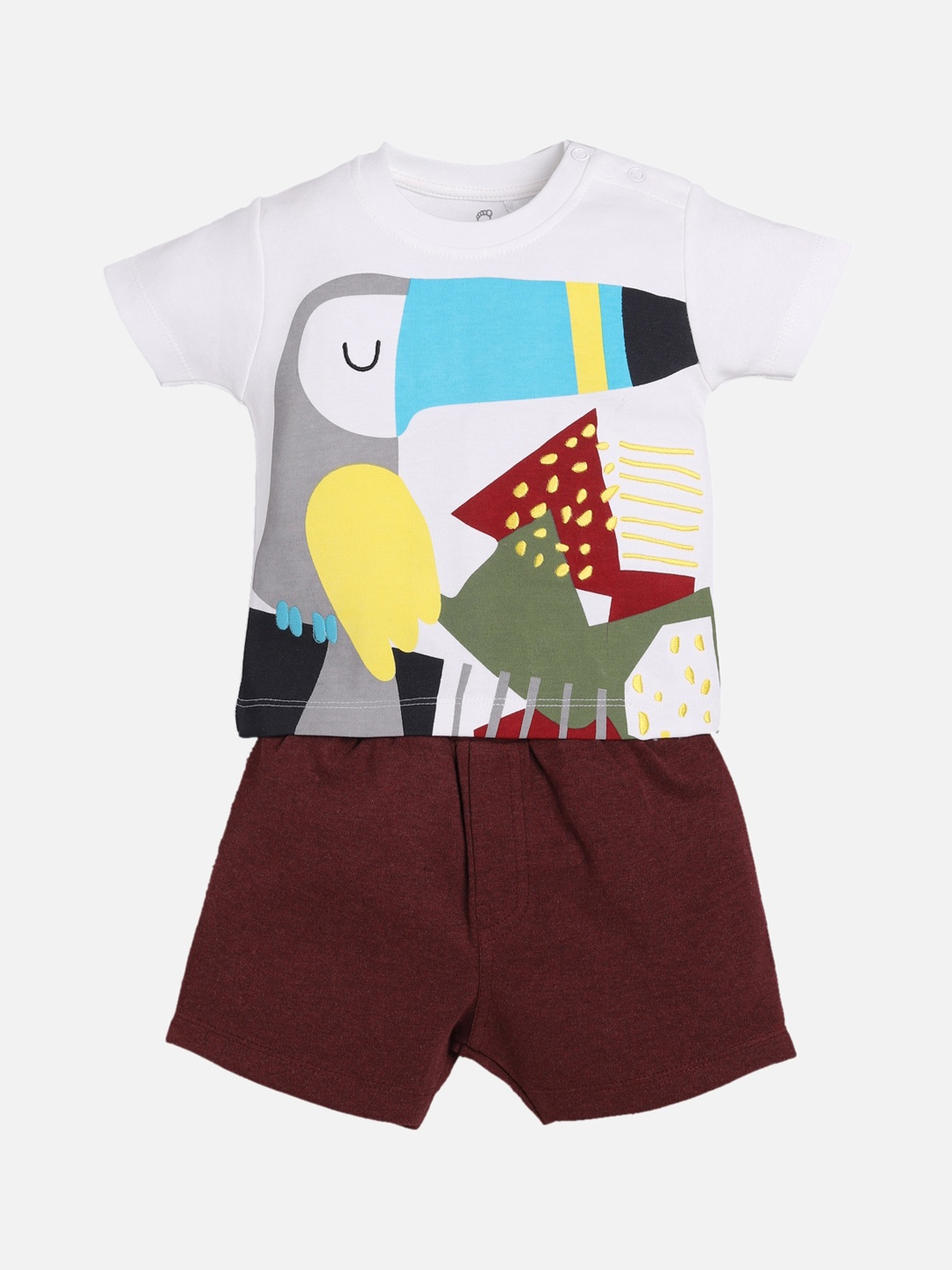 BABY GO Boys White & Maroon Printed T-shirt with Shorts
